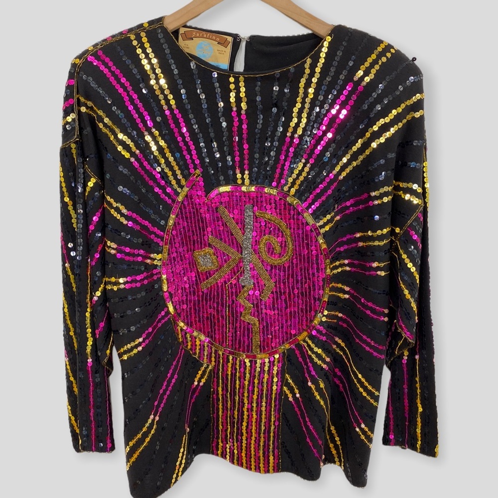 Vintage 90s Sarafino One of a Kind Sequin Celestial Sun Face Cotton Shirt - Picture 10 of 10